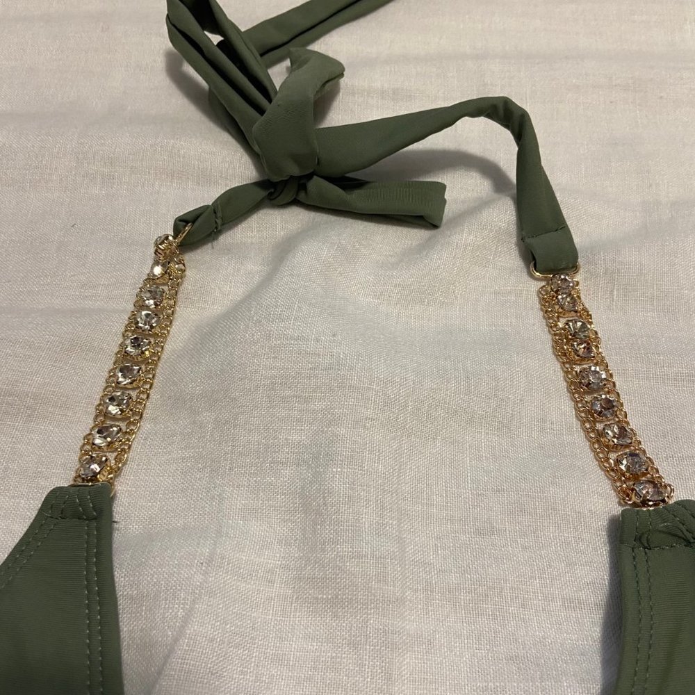 Shein Rhinestone Chain Linked Tie Side Bikini Swimsuit in Army Green (2 pc set) - Picture 6 of 12